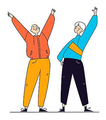 전신 노년 남자 일러스트 모션 건강 웃음 두명 운동 손들기 건강관리 스트레칭 에너지 활기 유산소운동 노인남자만 액티비티 국내일러스트 AI파일 컨셉 표정 관리 사람 성인 남자만 노인만 파일형식 벡터