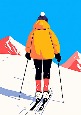 JPG 전신 여자 겨울 일러스트 레저 스키 겨울스포츠 털모자 한명 성인 뒷모습 파란색 노란색 설원 눈 잡기 스키복 폴 활기 패딩 폴대 성인여자한명만 설산 국내일러스트 AI일러스트 AI콘텐츠 자연요소 모자_잡화 1 옷 계절 스포츠 뷰포인트 컬러 컨셉 모션 날씨 산 눈_날씨 사람 점퍼 막대기 스키용품 여자한명만 성인여자만 파일형식