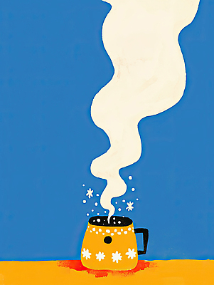 JPG 디자인 일러스트 주전자 따뜻함 사람없음 파란색 노란색 수증기 포근함 커피포트 심플 포트 국내일러스트 AI일러스트 AI콘텐츠 컬러 주방용품 감각 파일형식