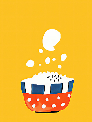 JPG 그릇 디자인 일러스트 밥 따뜻함 사람없음 노란색 연기 수증기 포근함 심플 밥그릇 쌀밥 국내일러스트 AI일러스트 AI콘텐츠 식기 음식 컬러 감각 파일형식