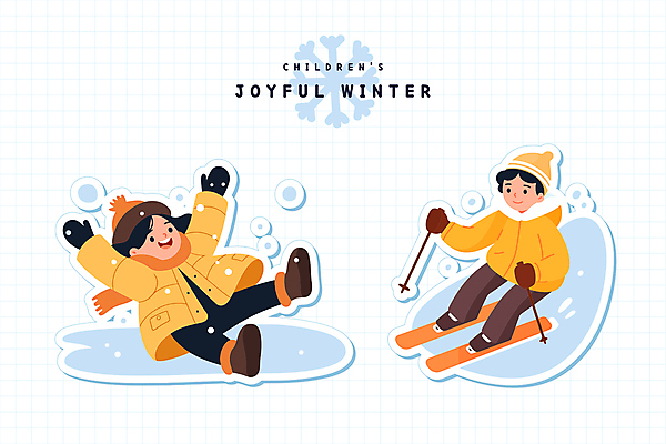 전신 라이프스타일 여자 남자 어린이 겨울 일러스트 스키 사람 소녀 소년 두명 눈 눈송이 빙판 넘어짐 어린이만 국내일러스트 AI파일 자연요소 계절 모션 날씨 겨울스포츠 눈_날씨 생활 파일형식 벡터