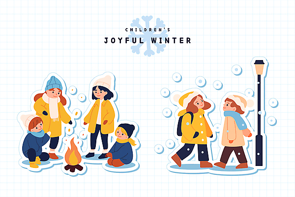 전신 라이프스타일 여자 남자 어린이 겨울 가로등 일러스트 서기 사람 앉기 소녀 소년 여러명 걷기 눈 눈송이 모닥불 어린이만 국내일러스트 AI파일 자연요소 계절 공공시설 다수 모션 불 날씨 눈_날씨 생활 파일형식 벡터