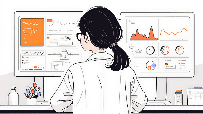 JPG 응시 여자 일러스트 통계 그래프 한명 성인 컴퓨터 사무실 모니터 의사 의사가운 작업 결과 분석 문서 보건 성인여자한명만 안경낌 국내일러스트 AI일러스트 AI콘텐츠 1 시선 안경 컨셉 비즈니스 의학 사람 전자제품 의료진 가운 여자한명만 성인여자만 파일형식