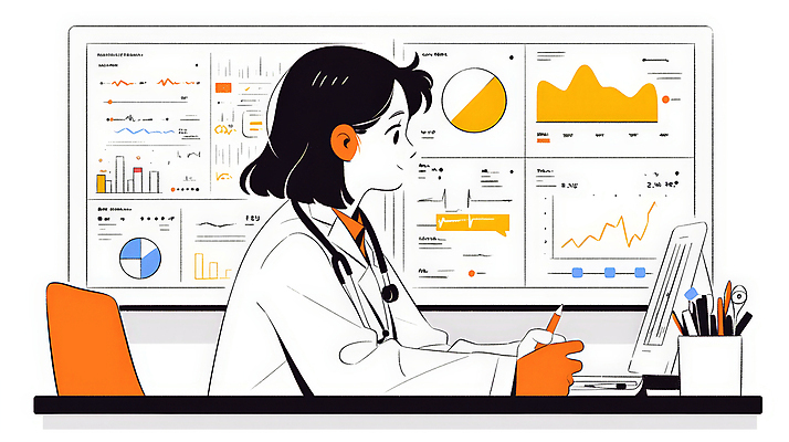 JPG 여자 일러스트 의학 청진기 통계 그래프 한명 앉기 성인 노트북 컴퓨터 사무실 모니터 의사 작업 분석 보건 원격의료 성인여자한명만 국내일러스트 AI일러스트 AI콘텐츠 1 컨셉 비즈니스 의료기기 모션 사람 전자제품 진료 의료진 원격 여자한명만 성인여자만 파일형식
