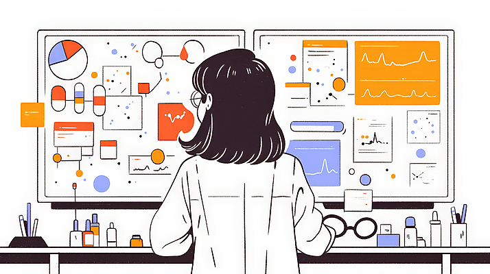 JPG 여자 일러스트 통계 그래프 직장 실험 한명 성인 사무실 자료 의사 의사가운 업무 보고 분석 성인여자한명만 안경낌 국내일러스트 AI일러스트 AI콘텐츠 1 안경 컨셉 회사 비즈니스 사람 의료진 가운 작업 발표 여자한명만 성인여자만 파일형식