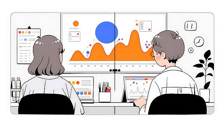 JPG 여자 남자 일러스트 비즈니스 의학 통계 회의 그래프 앉기 성인 두명 사무실 모니터 자료 의사 의사가운 업무 분석 성인만 국내일러스트 AI일러스트 AI콘텐츠 컨셉 모션 사람 컴퓨터 의료진 가운 작업 파일형식