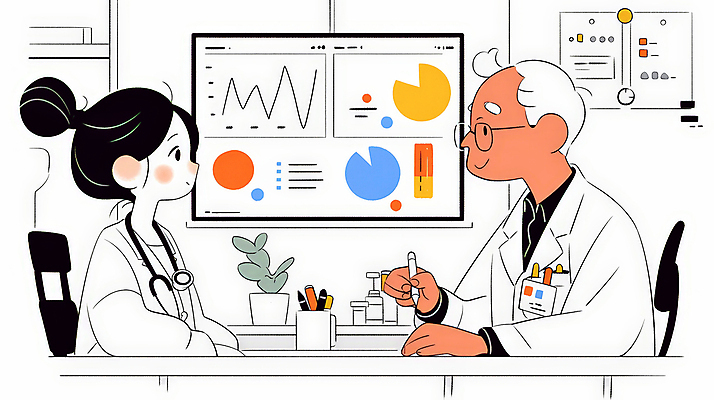 JPG 여자 남자 일러스트 의학 통계 그래프 대화 앉기 성인 두명 마주보기 모니터 의사 의사가운 업무 결과 분석 상담 상담실 진료실 국내일러스트 AI일러스트 AI콘텐츠 컨셉 모션 병원 말하기 사람 컴퓨터 진료 의료진 가운 작업 파일형식