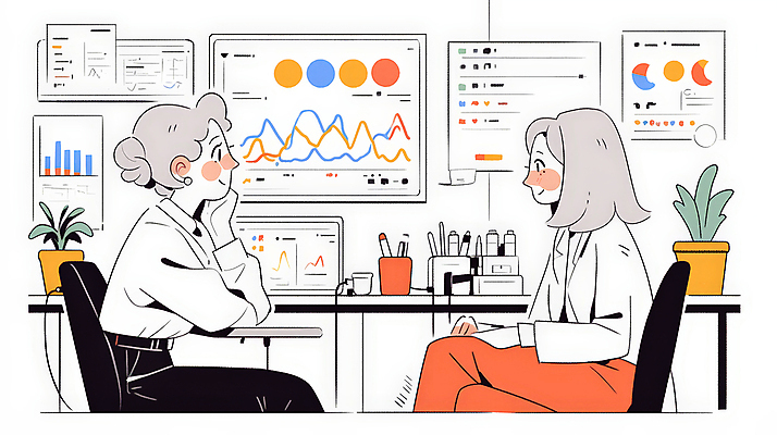 JPG 여자 일러스트 비즈니스 통계 그래프 대화 앉기 성인 두명 마주보기 모니터 자료 환자 의사 의사가운 분석 상담 상담실 보건 성인여자만 국내일러스트 AI일러스트 AI콘텐츠 컨셉 의학 모션 말하기 사람 컴퓨터 의료진 가운 여자만 성인만 파일형식