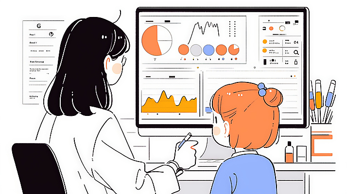 JPG 여자 일러스트 의학 통계 그래프 대화 소녀 성인 두명 사무실 모니터 자료 환자 의사 의사가운 분석 상담 상담실 보건 여자만 국내일러스트 AI일러스트 AI콘텐츠 어린이 컨셉 비즈니스 말하기 사람 컴퓨터 의료진 가운 파일형식