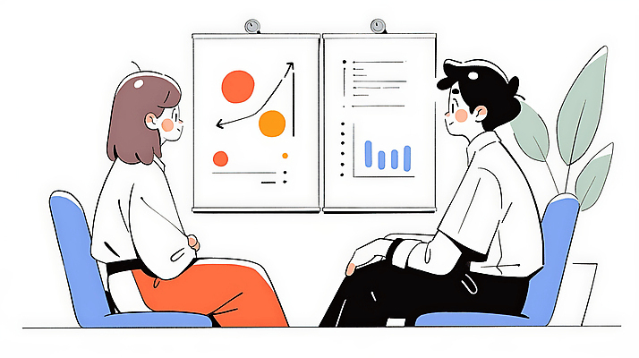 JPG 응시 여자 남자 일러스트 의학 통계 그래프 대화 앉기 성인 두명 사무실 모니터 자료 의사 업무 보고 분석 상담 보건 성인만 국내일러스트 AI일러스트 AI콘텐츠 시선 컨셉 비즈니스 모션 말하기 사람 컴퓨터 의료진 작업 발표 파일형식