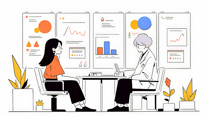 JPG 여자 남자 일러스트 의학 통계 그래프 대화 앉기 성인 두명 마주보기 모니터 자료 진료 환자 의사 업무 책상 분석 상담실 보건 성인만 국내일러스트 AI일러스트 AI콘텐츠 가구 컨셉 모션 말하기 사람 컴퓨터 의료진 작업 파일형식