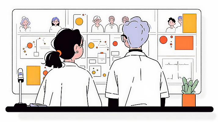 JPG 여자 남자 일러스트 통계 회의 그래프 여러명 성인 사무실 모니터 자료 의사 업무 분석 상담실 화상통화 성인만 안경낌 국내일러스트 AI일러스트 AI콘텐츠 안경 다수 컨셉 비즈니스 사람 컴퓨터 의료진 작업 통화 파일형식