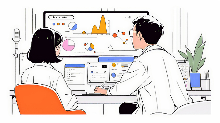 JPG 응시 여자 남자 일러스트 통계 회의 그래프 대화 앉기 성인 두명 컴퓨터 사무실 모니터 자료 의사 의사가운 업무 작업 분석 성인만 안경낌 국내일러스트 AI일러스트 AI콘텐츠 시선 안경 컨셉 비즈니스 모션 말하기 사람 전자제품 의료진 가운 파일형식