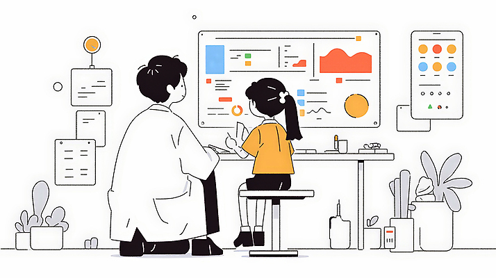 JPG 남자 일러스트 의학 통계 그래프 대화 소녀 성인 두명 컴퓨터 모니터 자료 진료 의사 의사가운 업무 분석 상담 상담실 보건 국내일러스트 AI일러스트 AI콘텐츠 여자 어린이 컨셉 말하기 사람 전자제품 의료진 가운 작업 파일형식