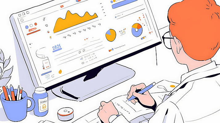 JPG 남자 일러스트 통계 그래프 한명 성인 컴퓨터 사무실 모니터 공책 자료 의사 업무 작업 결과 분석 성인남자한명만 안경낌 국내일러스트 AI일러스트 AI콘텐츠 1 안경 컨셉 비즈니스 문구용품 사람 전자제품 의료진 남자한명만 성인남자만 파일형식