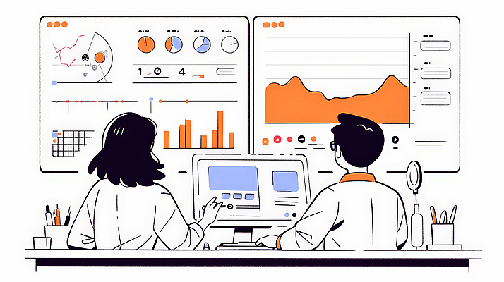 JPG 응시 여자 남자 일러스트 의학 통계 회의 그래프 대화 앉기 성인 두명 컴퓨터 사무실 모니터 의사 의사가운 업무 분석 상담실 보건 성인만 안경낌 국내일러스트 AI일러스트 AI콘텐츠 시선 안경 컨셉 비즈니스 모션 말하기 사람 전자제품 의료진 가운 작업 파일형식