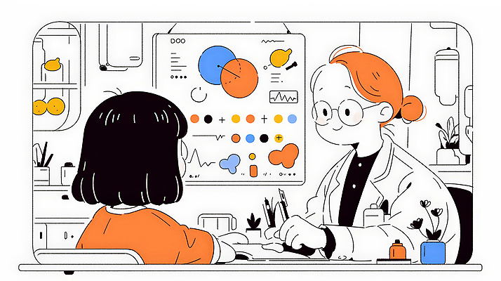 JPG 여자 일러스트 의학 통계 그래프 대화 앉기 소녀 성인 두명 컴퓨터 모니터 진료 의사 의사가운 업무 분석 상담 상담실 보건 여자만 안경낌 국내일러스트 AI일러스트 AI콘텐츠 안경 어린이 컨셉 모션 말하기 사람 전자제품 의료진 가운 작업 파일형식