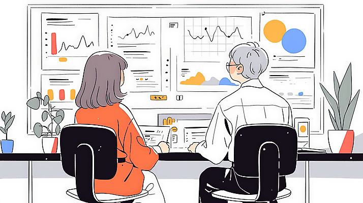 JPG 여자 남자 일러스트 통계 그래프 대화 앉기 성인 두명 사무실 모니터 자료 의사 업무 분석 상담 보건 성인만 국내일러스트 AI일러스트 AI콘텐츠 컨셉 비즈니스 의학 모션 말하기 사람 컴퓨터 의료진 작업 파일형식