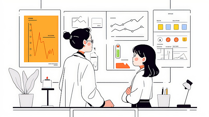 JPG 여자 일러스트 통계 그래프 대화 성인 두명 컴퓨터 사무실 자료 의사 업무 분석 상담 보건 성인여자만 국내일러스트 AI일러스트 AI콘텐츠 컨셉 비즈니스 의학 말하기 사람 전자제품 의료진 작업 여자만 성인만 파일형식