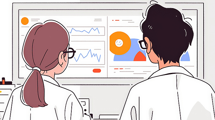 JPG 응시 여자 남자 일러스트 통계 그래프 성인 두명 사무실 모니터 자료 의사 업무 분석 보건 성인만 안경낌 국내일러스트 AI일러스트 AI콘텐츠 시선 안경 컨셉 비즈니스 의학 사람 컴퓨터 의료진 작업 파일형식