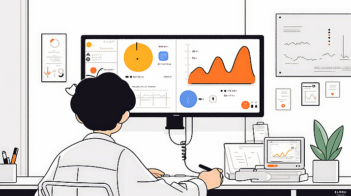 JPG 응시 남자 일러스트 통계 그래프 한명 앉기 컴퓨터 사무실 모니터 자료 의사 의사가운 업무 작업 분석 보건 성인남자한명만 국내일러스트 AI일러스트 AI콘텐츠 1 시선 컨셉 비즈니스 의학 모션 사람 전자제품 의료진 가운 남자한명만 성인남자만 파일형식