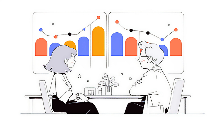 JPG 여자 남자 일러스트 의학 통계 그래프 대화 설명 앉기 성인 두명 마주보기 모니터 자료 진료 의사 의사가운 업무 책상 분석 상담 보건 성인만 국내일러스트 AI일러스트 AI콘텐츠 가구 컨셉 모션 말하기 사람 컴퓨터 의료진 가운 작업 파일형식