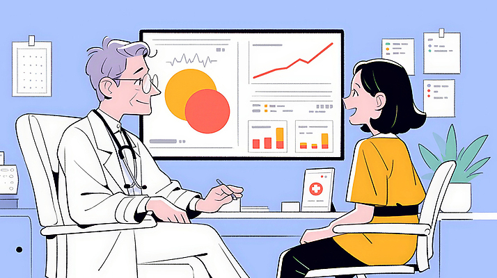 JPG 여자 남자 일러스트 의학 청진기 통계 그래프 대화 앉기 성인 두명 사무실 마주보기 모니터 진료 환자 의사 의사가운 업무 분석 상담 보건 성인만 안경낌 국내일러스트 AI일러스트 AI콘텐츠 안경 컨셉 비즈니스 의료기기 모션 말하기 사람 컴퓨터 의료진 가운 작업 파일형식