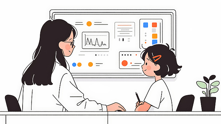 JPG 응시 여자 어린이 일러스트 통계 그래프 대화 앉기 소녀 성인 두명 컴퓨터 모니터 진료 의사 업무 책상 분석 상담 보건 여자만 안경낌 국내일러스트 AI일러스트 AI콘텐츠 시선 안경 가구 컨셉 의학 모션 말하기 사람 전자제품 의료진 작업 파일형식