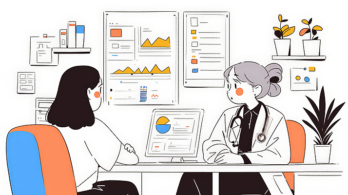 JPG 여자 일러스트 청진기 통계 그래프 대화 앉기 성인 두명 컴퓨터 사무실 모니터 자료 의사 의사가운 업무 책상 분석 상담 보건 성인여자만 국내일러스트 AI일러스트 AI콘텐츠 가구 컨셉 비즈니스 의학 의료기기 모션 말하기 사람 전자제품 의료진 가운 작업 여자만 성인만 파일형식