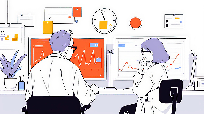 JPG 남자 일러스트 통계 그래프 앉기 성인 두명 컴퓨터 사무실 모니터 자료 의사 의사가운 업무 작업 분석 보건 성인만 국내일러스트 AI일러스트 AI콘텐츠 컨셉 비즈니스 의학 모션 사람 전자제품 의료진 가운 파일형식