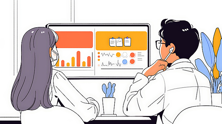 JPG 여자 이어폰 일러스트 통계 그래프 앉기 성인 두명 컴퓨터 사무실 모니터 의사 의사가운 업무 분석 마스크착용 보건 성인만 국내일러스트 AI일러스트 AI콘텐츠 음향기기 컨셉 비즈니스 의학 모션 마스크 사람 전자제품 의료진 가운 작업 사회이슈 파일형식