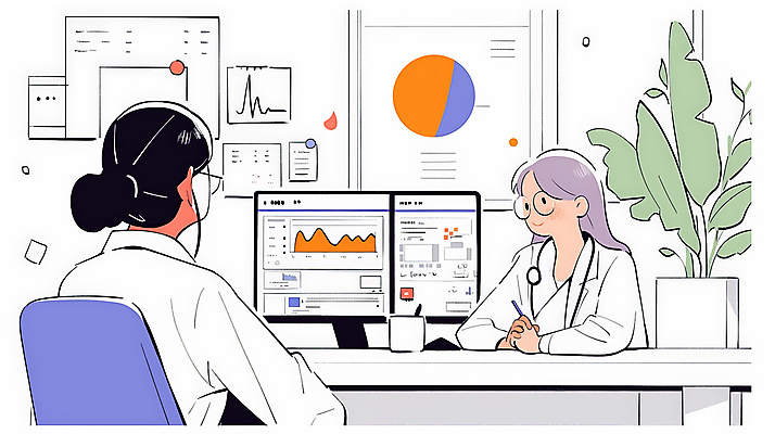 JPG 여자 일러스트 청진기 통계 그래프 앉기 성인 두명 컴퓨터 사무실 마주보기 자료 의사 업무 책상 분석 상담 보건 성인여자만 국내일러스트 AI일러스트 AI콘텐츠 가구 컨셉 비즈니스 의학 의료기기 모션 사람 전자제품 의료진 작업 여자만 성인만 파일형식