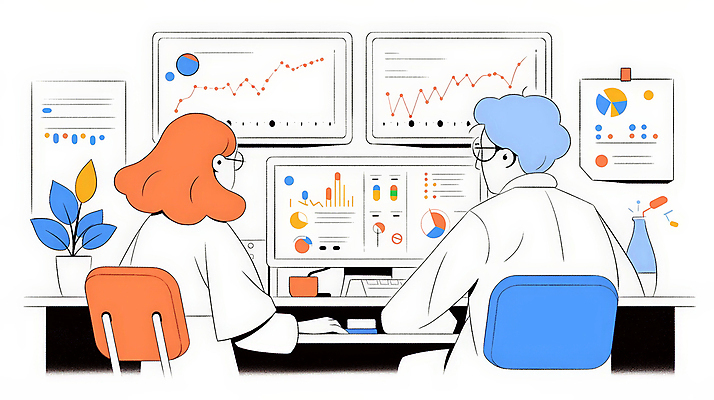 JPG 여자 남자 일러스트 통계 그래프 대화 앉기 성인 두명 컴퓨터 사무실 모니터 의사 업무 책상 분석 보건 성인만 안경낌 국내일러스트 AI일러스트 AI콘텐츠 안경 가구 컨셉 비즈니스 의학 모션 말하기 사람 전자제품 의료진 작업 파일형식