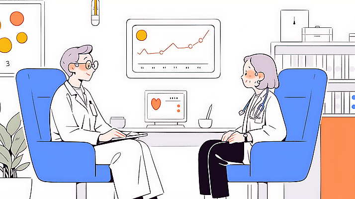 JPG 여자 남자 의자 일러스트 청진기 통계 그래프 앉기 성인 두명 컴퓨터 사무실 마주보기 모니터 의사 의사가운 업무 분석 보건 성인만 안경낌 국내일러스트 AI일러스트 AI콘텐츠 안경 가구 컨셉 비즈니스 의학 의료기기 모션 사람 전자제품 의료진 가운 작업 파일형식