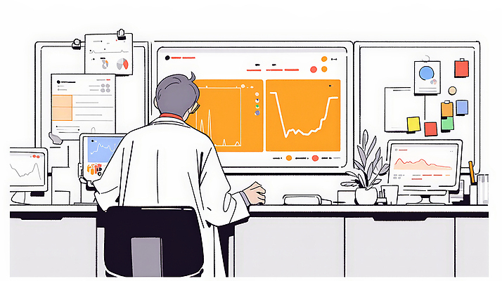 JPG 남자 일러스트 통계 그래프 한명 앉기 성인 컴퓨터 사무실 모니터 자료 의사 업무 책상 분석 보건 성인남자한명만 국내일러스트 AI일러스트 AI콘텐츠 1 가구 컨셉 비즈니스 의학 모션 사람 전자제품 의료진 작업 남자한명만 성인남자만 파일형식