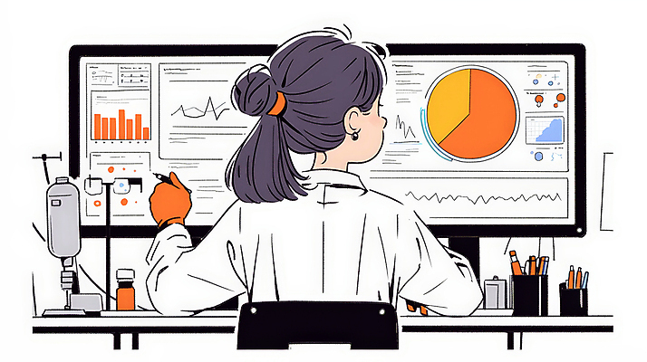 JPG 여자 일러스트 통계 그래프 실험 한명 앉기 성인 컴퓨터 사무실 모니터 자료 의사 의사가운 업무 책상 분석 보건 성인여자한명만 국내일러스트 AI일러스트 AI콘텐츠 1 가구 컨셉 비즈니스 의학 모션 사람 전자제품 의료진 가운 작업 여자한명만 성인여자만 파일형식