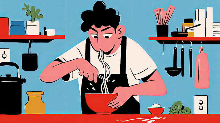 JPG 그릇 식기 남자 음식 일러스트 주방용품 선반 요리 한명 들기 성인 빨간색 파란색 주방 앞치마 면류 먹기 조리대 젓가락질 모디슈머 국내일러스트 AI일러스트 AI콘텐츠 1 컬러 가구 생활용품 젓가락 모션 사람 손짓 파일형식