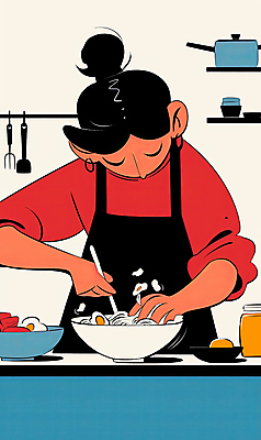 JPG 그릇 식기 여자 음식 일러스트 주방용품 선반 요리 한명 들기 성인 파란색 주방 앞치마 면류 조리대 빨간옷 성인여자한명만 모디슈머 국내일러스트 AI일러스트 AI콘텐츠 1 옷 컬러 가구 생활용품 모션 사람 여자한명만 성인여자만 파일형식