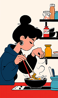 JPG 그릇 식기 여자 음식 일러스트 주방용품 선반 요리 한명 들기 성인 빨간색 주방 라면 면류 양념 조리대 젓가락질 성인여자한명만 모디슈머 국내일러스트 AI일러스트 AI콘텐츠 1 컬러 가구 생활용품 젓가락 모션 사람 손짓 여자한명만 성인여자만 파일형식