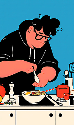 JPG 그릇 식기 남자 음식 일러스트 주방용품 수저 요리 한명 들기 성인 파란색 주방 라면 면류 조리대 후드티셔츠 음식준비 성인남자한명만 안경낌 모디슈머 국내일러스트 AI일러스트 AI콘텐츠 1 안경 컬러 생활용품 티셔츠 모션 사람 준비 남자한명만 성인남자만 파일형식