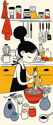 JPG 전신 그릇 식기 여자 음식 일러스트 주방용품 요리 한명 들기 성인 노란색 주방 앞치마 면류 냄비 조리대 양념통 음식준비 젓가락질 성인여자한명만 모디슈머 국내일러스트 AI일러스트 AI콘텐츠 1 컬러 생활용품 젓가락 모션 통 사람 손짓 양념 솥 준비 여자한명만 성인여자만 파일형식