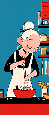 JPG 그릇 여자 노년 음식 일러스트 젓가락 주방용품 선반 요리 한명 들기 빨간색 파란색 주방 앞치마 면류 냄비 조리대 음식준비 젓가락질 노인여자한명만 모디슈머 국내일러스트 AI일러스트 AI콘텐츠 1 식기 컬러 가구 생활용품 모션 수저 사람 손짓 성인 솥 준비 여자한명만 노인여자만 파일형식