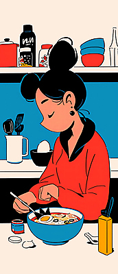 JPG 그릇 여자 음식 일러스트 주방용품 선반 요리 한명 들기 성인 빨간색 파란색 앞치마 면류 조리대 음식준비 성인여자한명만 모디슈머 국내일러스트 AI일러스트 AI콘텐츠 1 식기 컬러 가구 생활용품 모션 사람 준비 여자한명만 성인여자만 파일형식