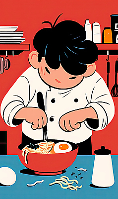 JPG 그릇 남자 음식 일러스트 주방용품 선반 요리 한명 들기 성인 빨간색 파란색 주방 면류 국수 조리대 성인남자한명만 모디슈머 국내일러스트 AI일러스트 AI콘텐츠 1 식기 컬러 가구 생활용품 모션 사람 남자한명만 성인남자만 파일형식