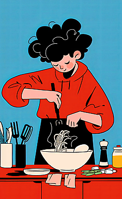 JPG 그릇 식기 남자 음식 포크 일러스트 주방용품 요리 한명 들기 성인 빨간색 파란색 주방 면류 조리대 파 요리준비 성인남자한명만 모디슈머 국내일러스트 AI일러스트 AI콘텐츠 1 컬러 생활용품 채소 모션 사람 준비 남자한명만 성인남자만 파일형식