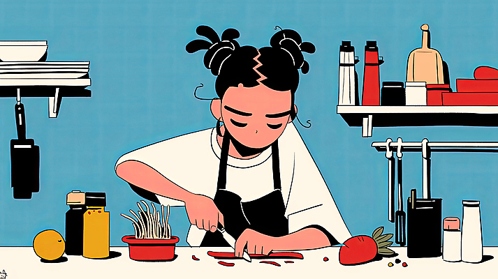 JPG 여자 음식 일러스트 주방용품 선반 요리 한명 들기 성인 파란색 주방 앞치마 당근 칼 자르기 조리대 양념통 음식준비 성인여자한명만 모디슈머 국내일러스트 AI일러스트 AI콘텐츠 1 컬러 가구 생활용품 모션 뿌리채소 통 사람 양념 준비 여자한명만 성인여자만 파일형식