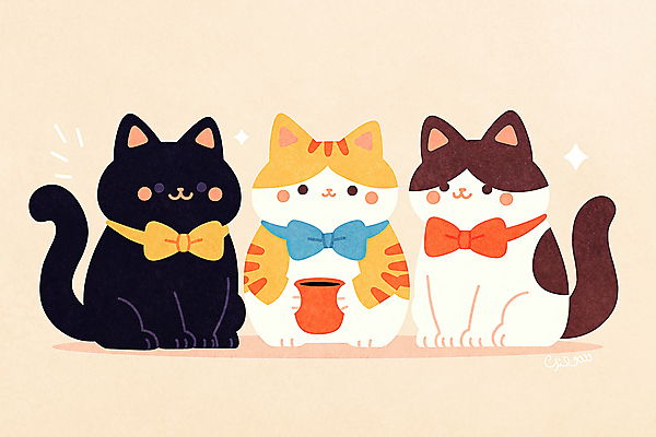 JPG 일러스트 나비넥타이 세마리 들기 사람없음 귀여움 고양이 머그컵 국내일러스트 AI일러스트 AI콘텐츠 컨셉 포유류 모션 넥타이 3 컵 반려동물 파일형식