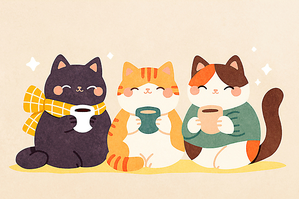 JPG 일러스트 세마리 들기 사람없음 귀여움 목도리 고양이 머그컵 국내일러스트 AI일러스트 AI콘텐츠 잡화 컨셉 포유류 모션 3 컵 반려동물 파일형식