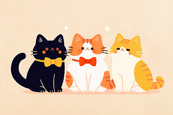 JPG 일러스트 나비넥타이 세마리 사람없음 귀여움 고양이 국내일러스트 AI일러스트 AI콘텐츠 컨셉 포유류 넥타이 3 반려동물 파일형식