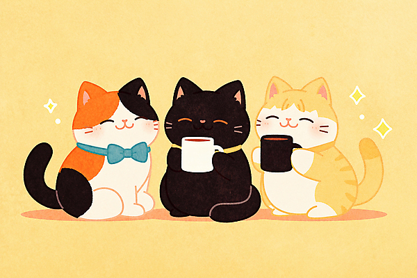 JPG 일러스트 나비넥타이 세마리 들기 사람없음 노란색 귀여움 고양이 머그컵 국내일러스트 AI일러스트 AI콘텐츠 컬러 컨셉 포유류 모션 넥타이 3 컵 반려동물 파일형식